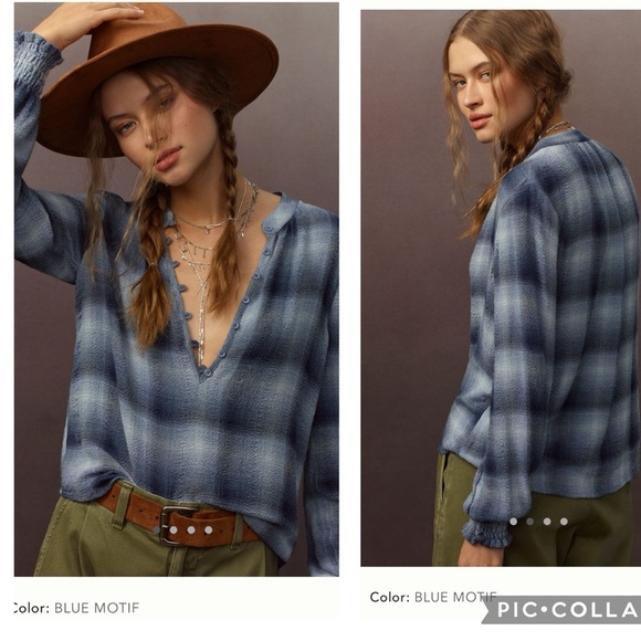 NWT new Anthropologie cloth & stone long sleeve Henley top blue plaid medium - Picture 1 of 16